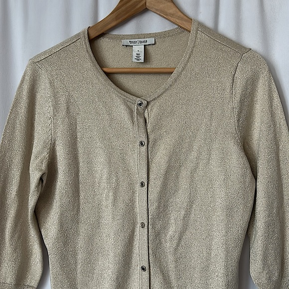 White House Black Market Shimmery Gold 3/4 Sleeve Sweater Shirt Top **Size S** - Picture 3 of 4